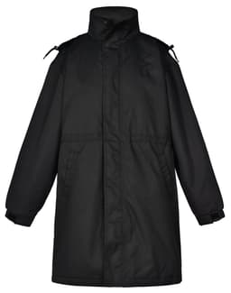 A long black stadium jacket with a high collar and adjustable features, featuring a logo on the design.