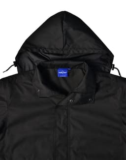 A black Long Line Stadium Jacket featuring a hood, with a collar and a branded label in the neck area.