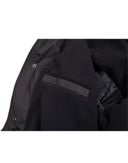 A black Long Line Stadium Jacket features a soft interior lining and an interior pocket. It has a simple design with a logo.