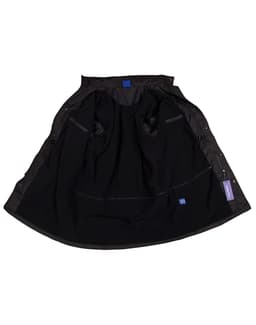 A long line stadium jacket in black, featuring a lined interior and pockets, with a branding tag visible.