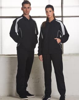 A black track jacket for adults featuring white accents, accompanied by matching black track pants. Includes a logo.