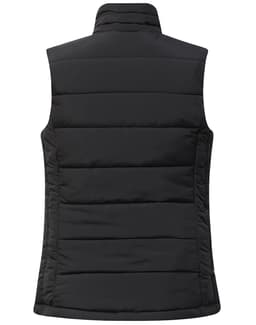 A black ladies' sustainable insulated puffer vest with a 3D cut, featuring a smooth, quilted design and no sleeves.