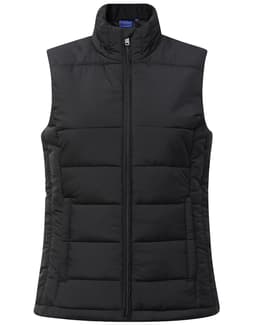 A black ladies' sustainable insulated puffer vest with a full zip and a collared neckline. It features a logo.