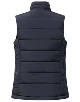 A navy insulated puffer vest with a 3D cut and a high collar, featuring a logo. Ideal for layering.