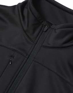 A black men's sustainable softshell corporate jacket with a zippered pocket and high collar. It features a smooth, sleek design.