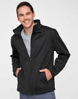 A black men's sustainable softshell corporate jacket features a zip front and two side pockets. It has a branding logo.