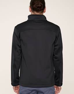 A men's sustainable softshell corporate jacket in black, featuring a collar and a simple, sleek design.