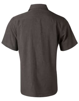 A men's short sleeve shirt in a charcoal grey colour, featuring a collar and a logo on the back.