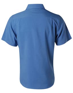 A short sleeve shirt in blue with a collar and a logo on the back.
