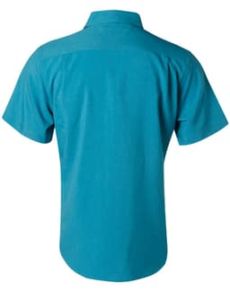 A teal short sleeve shirt with a collar and a logo on the back. The fabric appears lightweight and breathable.