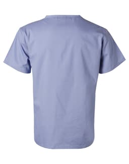 Short sleeve tunic top in light blue, featuring a simple design and a branding logo on the back.