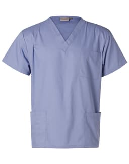 A unisex short sleeve tunic top in light blue, featuring a v-neck and side pockets. It has a logo.