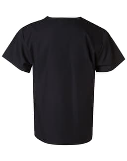 A black unisex short sleeve tunic top with a simple design and a logo on the back.