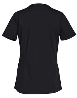A black ladies' short sleeve scrub top with a simple, solid design and a logo at the back.
