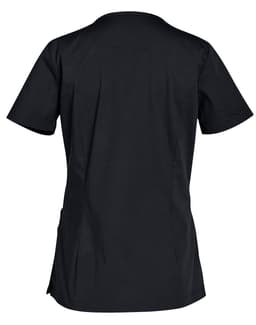 A black women's scrub top with short sleeves and a fitted design, featuring a logo on the back.