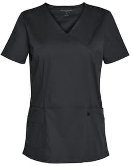 A dark green ladies' short sleeve scrub top with a V-neck and two front pockets. It features a logo.