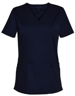 A navy short-sleeve scrub top featuring a V-neck and multiple pockets, with branding visible.