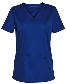 A navy blue short sleeve scrub top featuring a V-neck and two front pockets. Includes a logo on the sleeve.