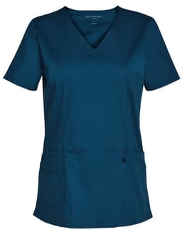 A solid colour short sleeve scrub top in teal with a v-neck design and two front pockets.