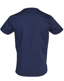 A navy blue men's scrub top featuring a simple design and contrasting colour elements on the side.