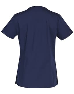 A navy women's scrub top with short sleeves and a fitted design, featuring contrast colour accents.