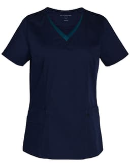 A navy blue ladies' scrub top featuring a V-neck and contrast colour detailing, with two pockets and a logo.