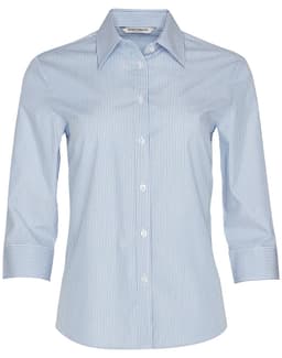 A light blue and white striped women's button-up shirt with 3/4 sleeves and a pointed collar. Features a logo.
