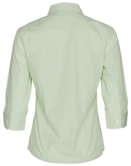 A green and white striped women's button-up shirt with 3/4 sleeves and a collar, featuring a logo.