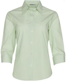 A green striped 3/4 sleeve button-up shirt featuring a collar and a logo on the label.