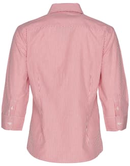 A women's 3/4 sleeve button-up shirt featuring red and white stripes, with a classic collar and a logo.