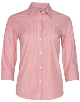 A women's button-up shirt with a red and white stripe pattern and 3/4 sleeves. Features a collar and buttons.