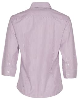 A women's button-up shirt featuring red and white stripes with 3/4 sleeves and a collar, displaying a plain back view.