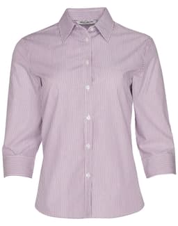 A striped women's button-up shirt with three-quarter sleeves in red and white. Features a collar and a logo.