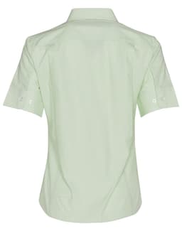 A light green button-up shirt with short sleeves and a striped pattern, featuring a logo on the back.