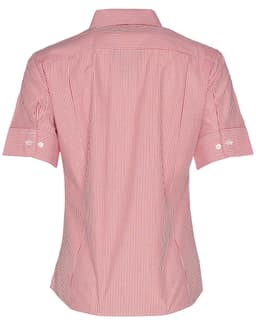 A short-sleeve women's button-up shirt featuring red and white stripes, with a back view showcasing the design.