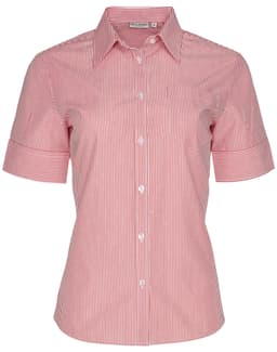 A women's short sleeve button-up shirt featuring red and white stripes and a pocket, with a branding logo.