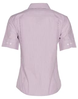 A short sleeve button-up shirt with red and white stripes, featuring a collar and a fitted design. It has a logo.