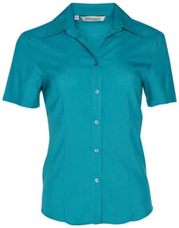 A women's short sleeve shirt in teal, featuring a collared design and buttons down the front. The shirt has a logo on the label.