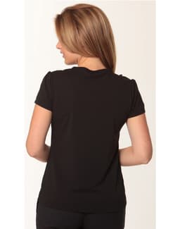 A black women's ruffle front blouse with short sleeves, featuring a simple and elegant design.