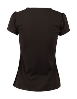 A black women's blouse with ruffle front detail and short sleeves, featuring a fitted silhouette from the back.