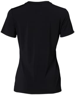 A black ladies’ V-neck short sleeve knit top, featuring a simple design and a logo on the back.