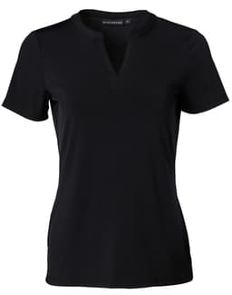 A black Ladies' V-neck with Tab S/S Knit Top featuring short sleeves and a subtle logo.