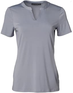 A grey ladies' V-neck short-sleeve knit top with a tab detail and a logo at the neck.