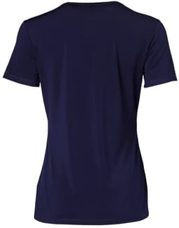 A navy blue ladies' V-neck short sleeve knit top with a smooth finish and a logo.