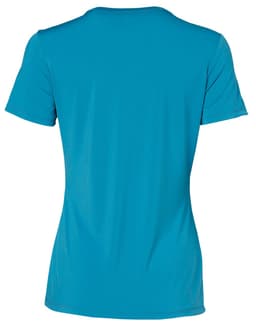 A turquoise ladies' V-neck short-sleeve knit top with a smooth finish and a brand logo.
