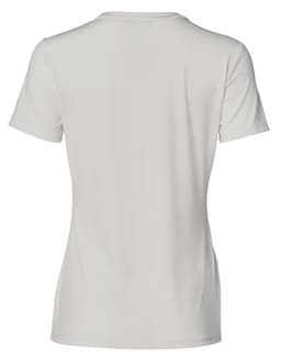 A light grey ladies' V-neck short sleeve knit top with a smooth finish and a logo on the back.