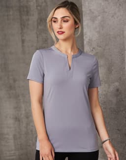 A grey ladies' V-neck short-sleeve knit top with a tab detail and logo.