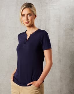 A navy short-sleeved V-neck knit top for ladies with a tab collar design and a logo.