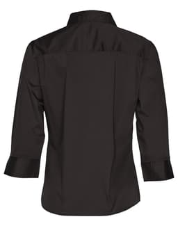 A black women's 3/4 sleeve military shirt with a collared neckline and back yoke detail.