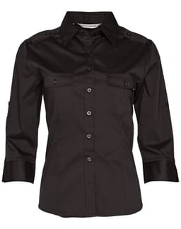 A black women's 3/4 sleeve military shirt featuring button-front closure and chest pockets. The shirt has a logo on it.